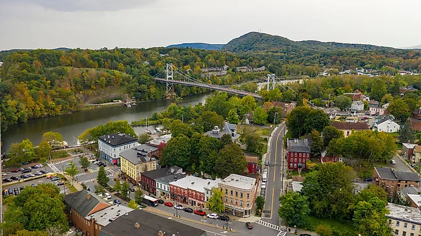 Rondout Creek flows past under bridges on the waterfront in South Kingston, New York