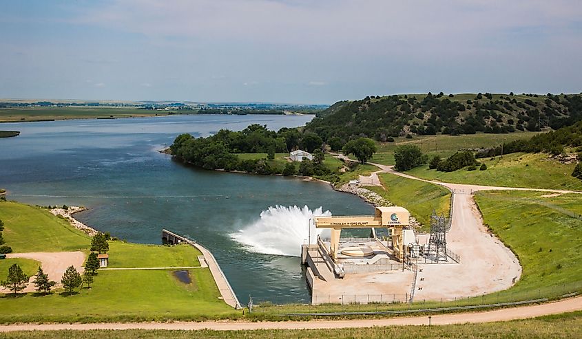 Outlet from the Kingsley Hydro Plant power generation facility at Kingsley dam, lake McConaughy on the north Platte river near Ogallala, Nebraska