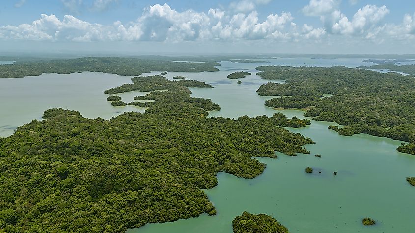 Aerial view of Gatun Lake, part of the Panama Canal system