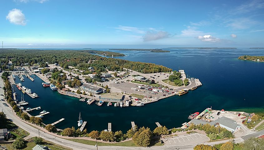 Aerial view of the ferry terminal and harbor port in Tobermory.