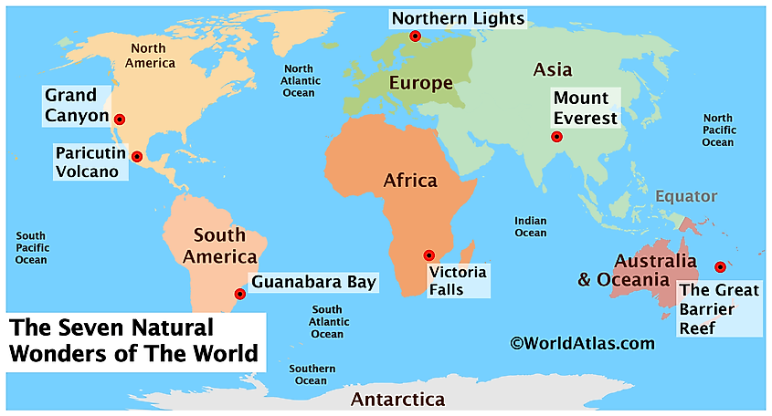 Map showing the location of the 7 Natural Wonders of the World.