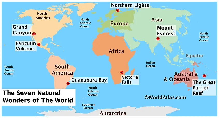 Map showing the location of the 7 Natural Wonders of the World.