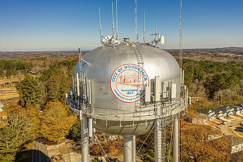 Water Tower located in Woodstock, Georgia. Editorial credit: codyn83 / Shutterstock.com