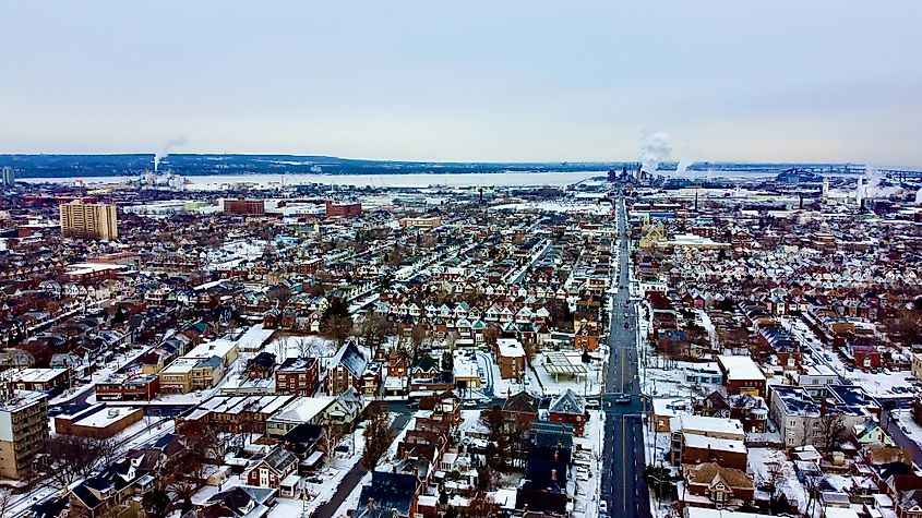 A high altitude, aerial view over Hamilton, Ontario