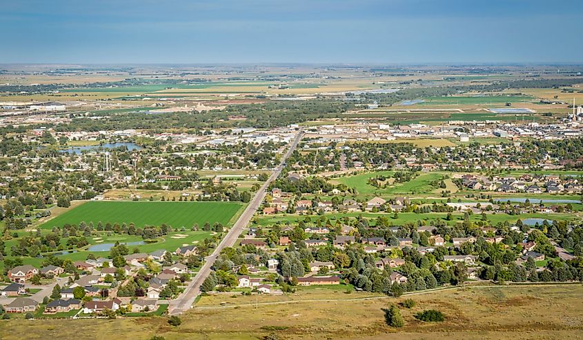 Town of Scottsbluff and North Platte RIver in Nebraska, aerial view from a summit of Scotts Bluff National Monument