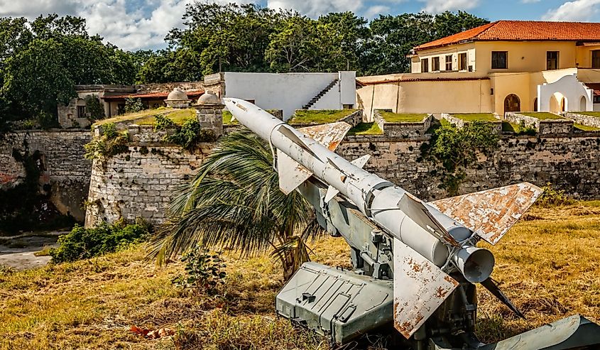 Rusty Soviet missile from 1962 Carribean crisis standing in la Cabana fortress, Havana, Cuba