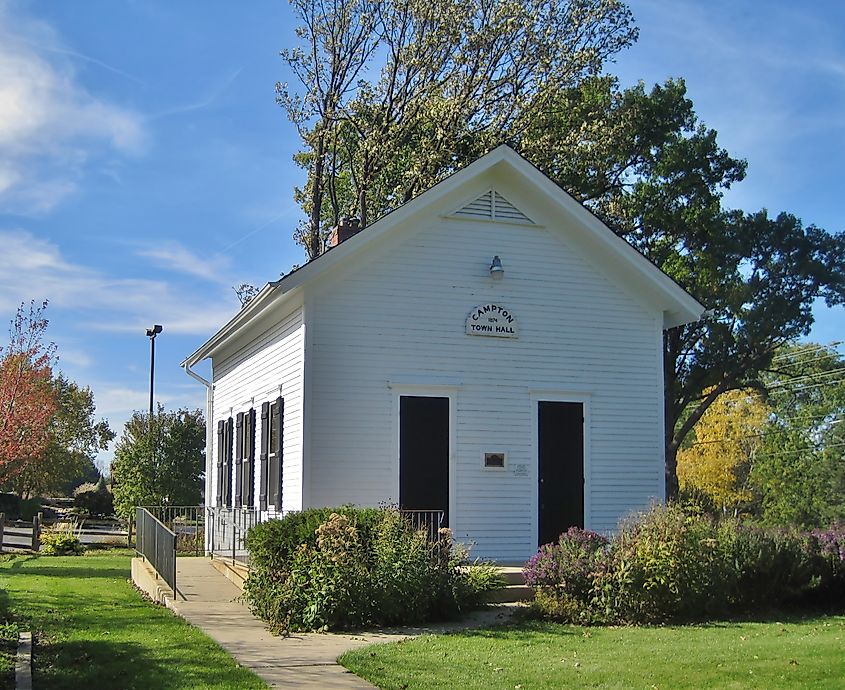 Campton Town Hall in Campton Hills (1874). It has been used continuously since 1874, largely as administrative offices for Campton Township.