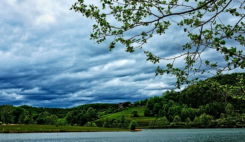 Dark clouds from a spring rain form over the Stonewall Jackson Lake Wildlife Management Area, Near Roanoke, West Virginia