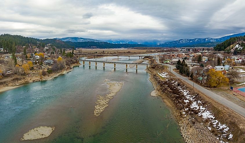 Bonners Ferry Idaho USA Aerial Panoramic Overhead Sky View of City Kootenay River