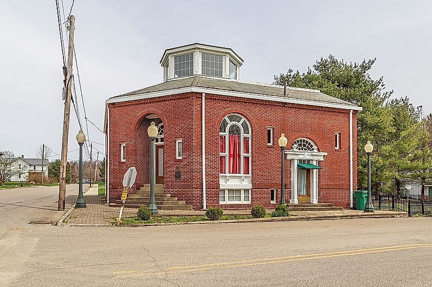 Front view of the National Register-listed Glenford Bank, built in 1919 in Glenford, Ohio.