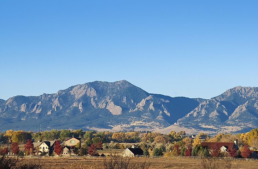 Mountains and farms on a bright autumn day near Boulder, Colorado