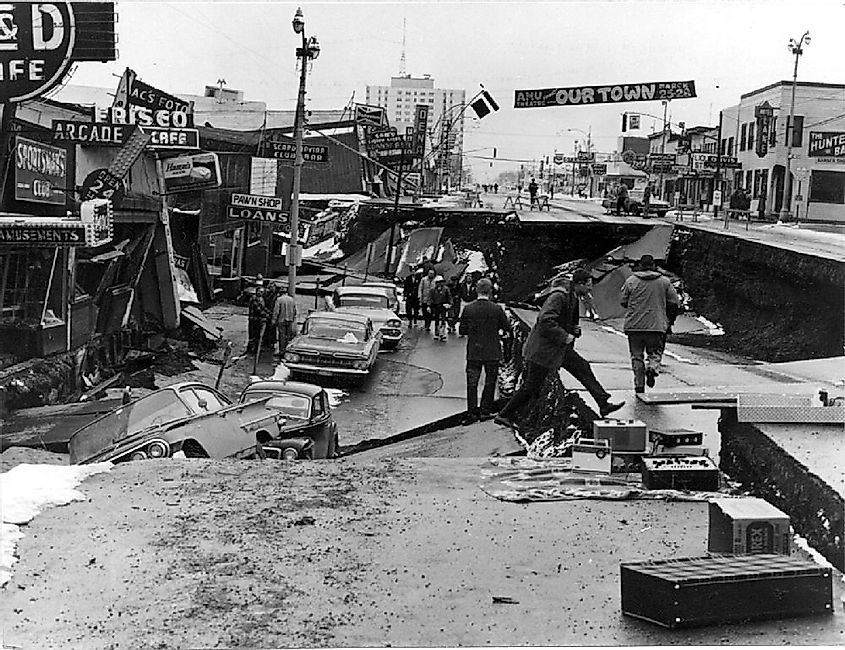 Damage to Fourth Avenue, en:Anchorage, Alaska, caused by the en:Good Friday Earthquake.