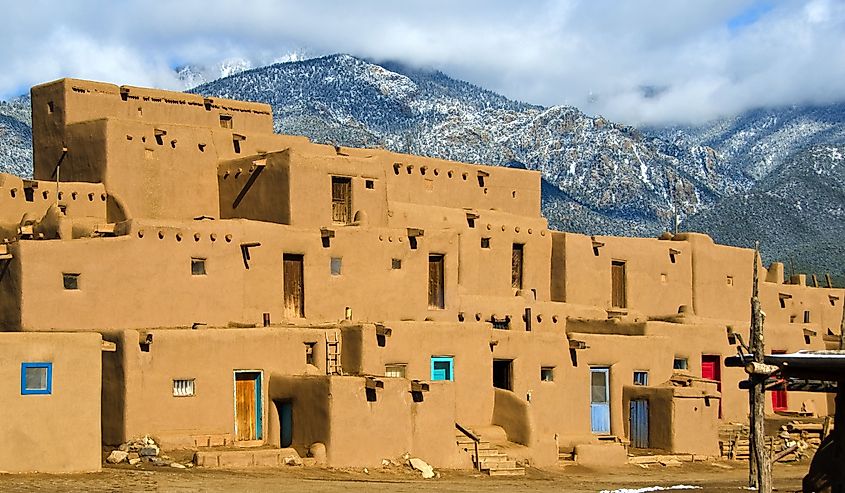 Taos Pueblo in New Mexico. Row of houses made of adobe.