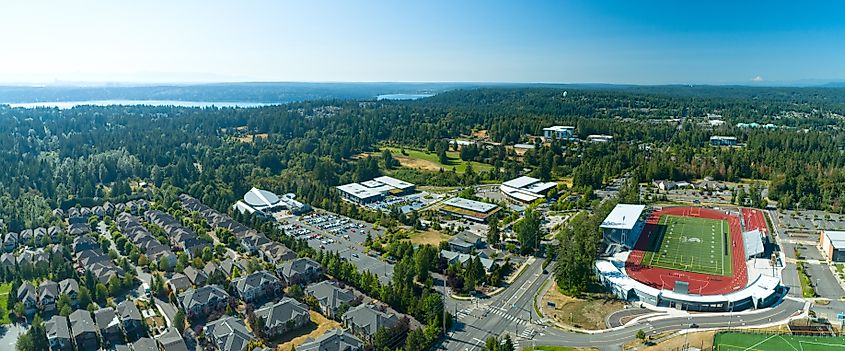 Sammamish, Washington/USA - Summer 2018: Sammamish, WA Aerial View of Skyline High School and Lake