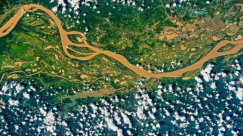 Aerial view of a muddy section of the Amazon River.