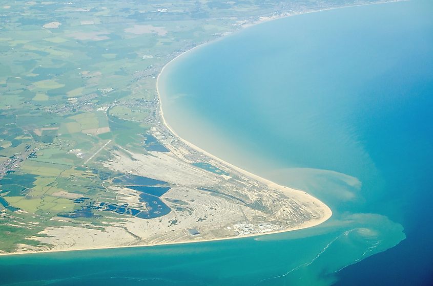 Aerial view of Dungeness headland jutting into the English Channel at Kent, England
