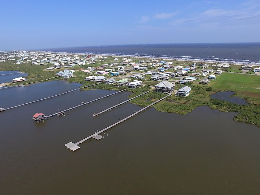 Aerial drone photo of houses in Grand Isle, Louisiana.