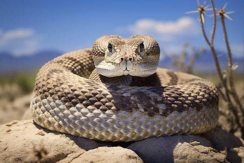 A Diamondback rattlesnake staring at the camera.