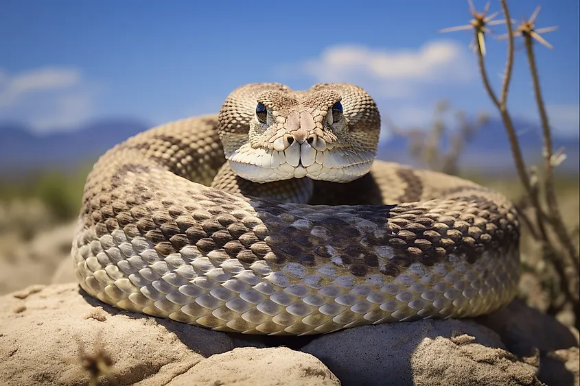 A Diamondback rattlesnake staring at the camera.