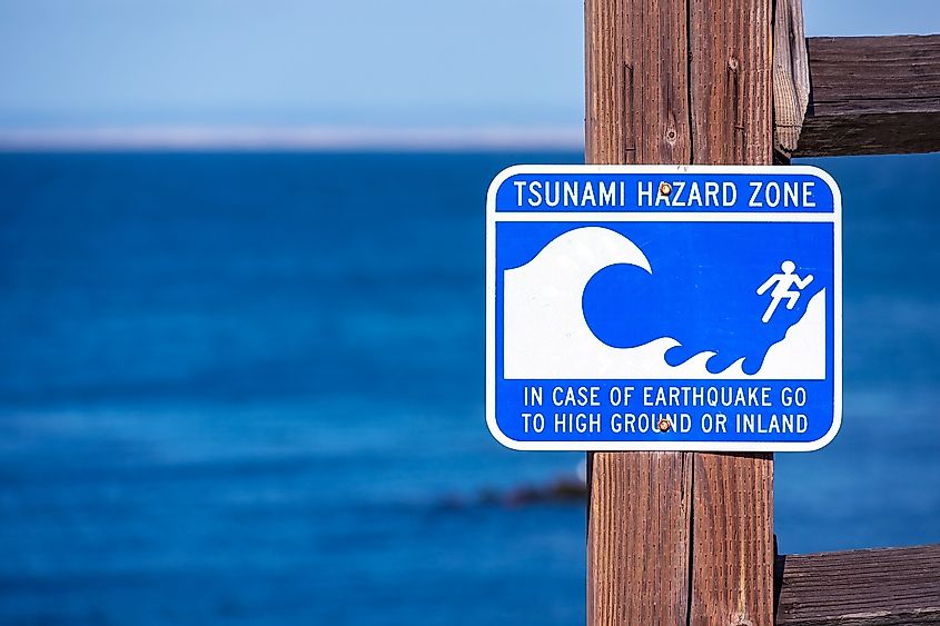 Tsunami Hazard Zone warning sign on the Pacific Ocean coast 
