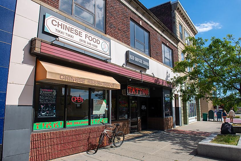 Historic commercial buildings on Main Street in downtown Fitchburg, Massachusetts.