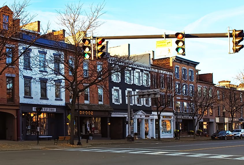 View of shops and boutiques along East Genesee Street, Route 20, in the small upscale village of Skaneateles, New York