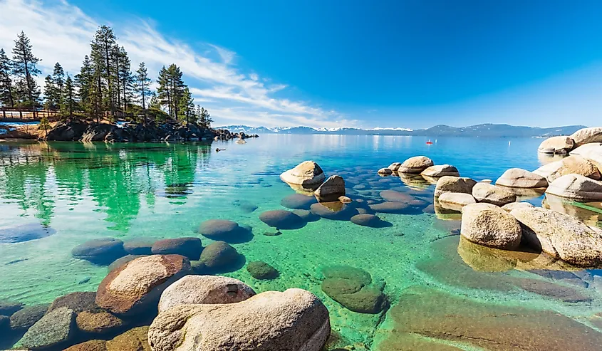 Lake Tahoe rocky shoreline in sunny day, beach with blue sky over clear transparent water