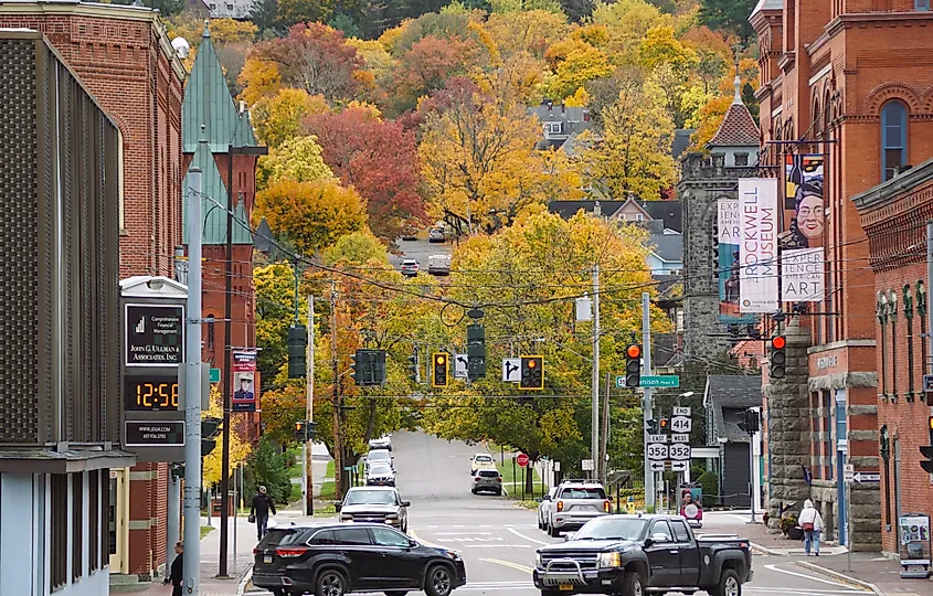 View of the traffic and buildings in Corning, New York. 