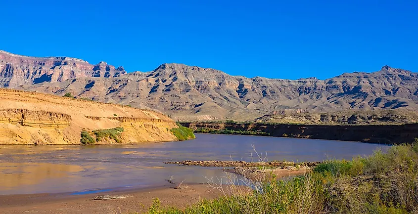 The Colorado River flows through the Mojave Desert near Needles, California