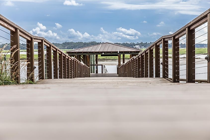 A long view of the pier at Wright family park and Calhoun street dock in Bluffton, South Carolina.