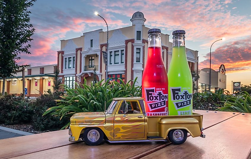 Two bottles of Foxton Fizz on a model pickup truck. 