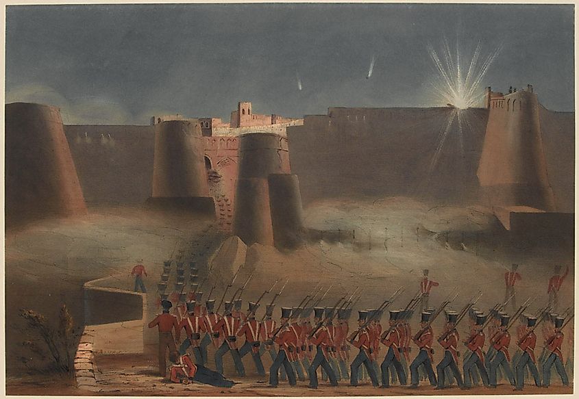 Lithograph depicting British-Indian force storming the fortress during the Battle of Ghazni, 23 July 1839