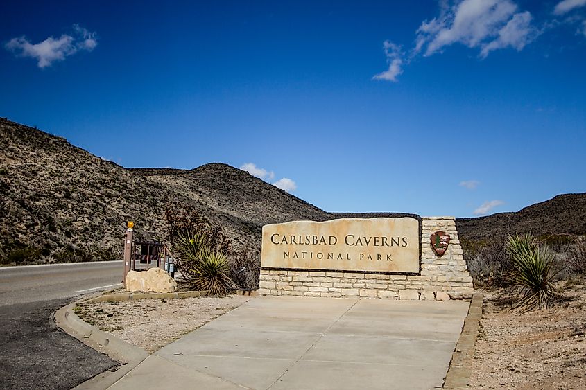 Welcome sign at the entrance to Carlsbad Caverns National Park in February. 