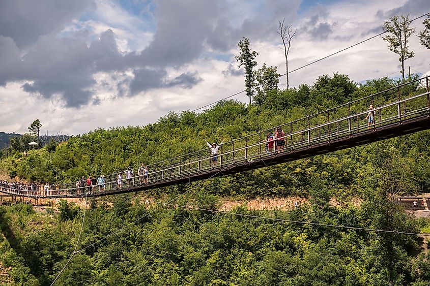 The Gatlinburg SkyBridge suspension bridge in Gatlinburg, Tennessee. 