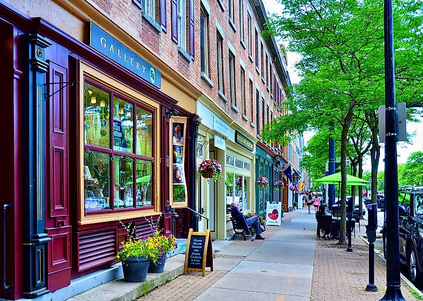 Buildings lined along a street in Skaneateles, New York.