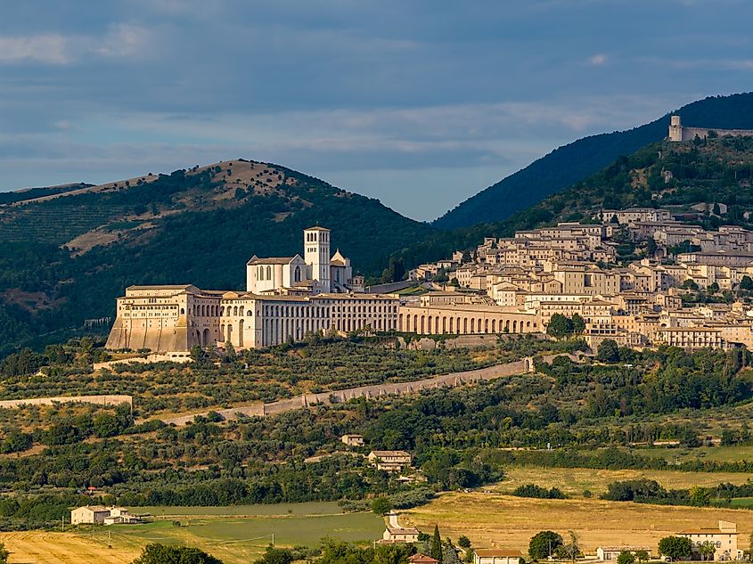 Aerial view of the Basilica of Saint Francis, Assisi, Italy.