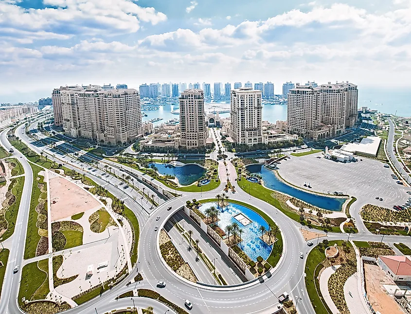 Aerial shot of the Pearl Island in Qatar, an artificial island spanning nearly four square kilometers