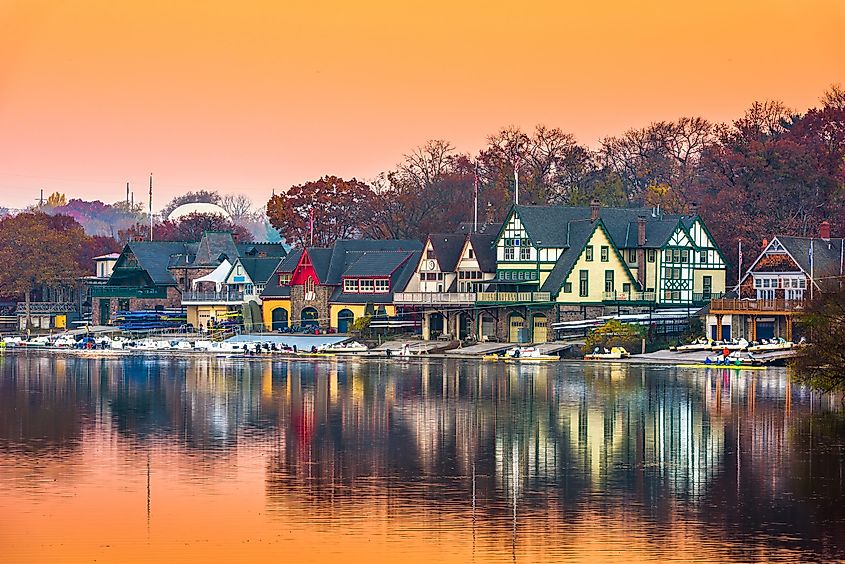dawn on the Schuylkill River at Boathouse Row.