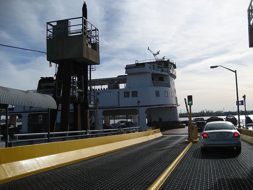 Chalmette to Lower Algiers Ferry across the Mississippi River. Ferry boat seen from ramp on Chalmette side.