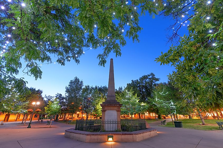 Santa Fe Plaza at dusk.