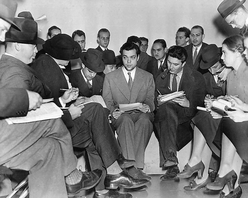 Welles takes questions from reporters at a press conference the day after the broadcast, on October 31, 1938