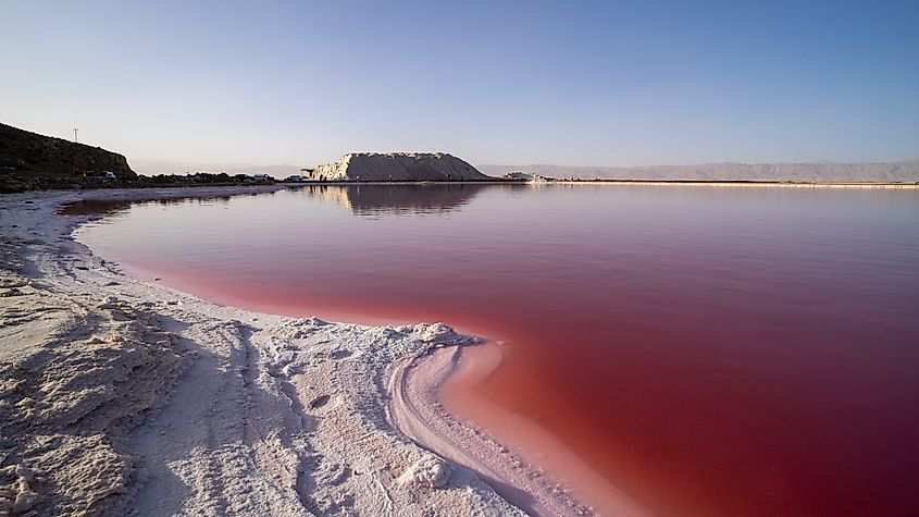 Pink salt Maharloo Lake outside Shiraz in Iran