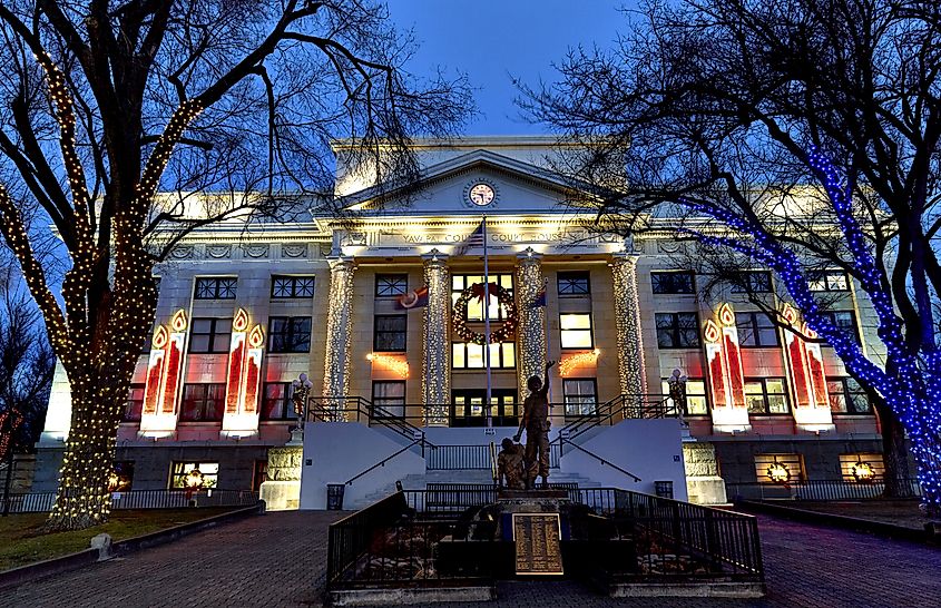 Prescott, Arizona, USA - December 24, 2015: Yavapai County Courthouse lit with Christmas lights on Christmas Eve.  