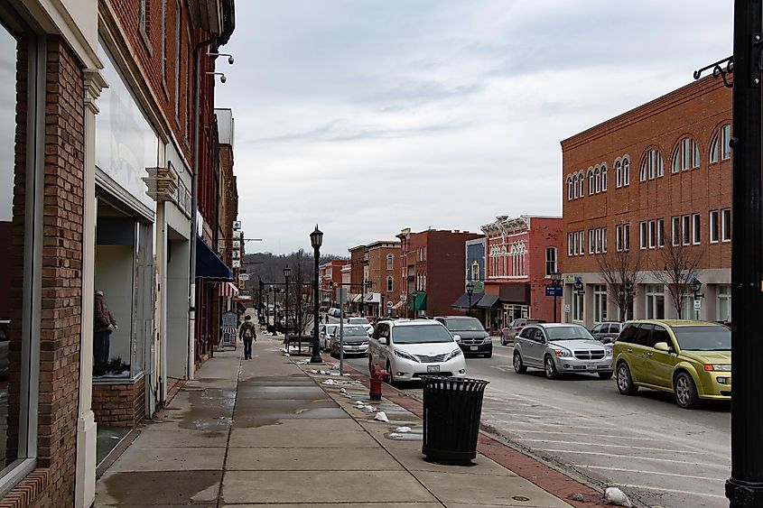 Wheeling Avenue in downtown Cambridge's historic district on a cold winter's day.