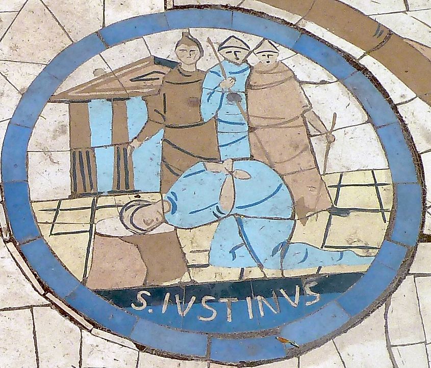 Mosaic of the beheading of Justin Martyr (Justin The Philosopher) during the reign of Marcus Aurelius.