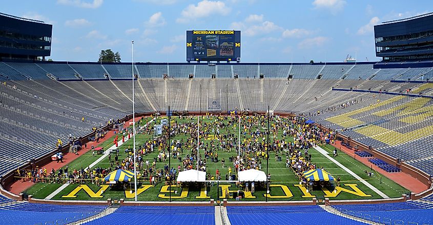 Visitors meet players and others at Michigan stadium during Michigan Football Youth Day on August 10, 2014 in Ann Arbor, MI.