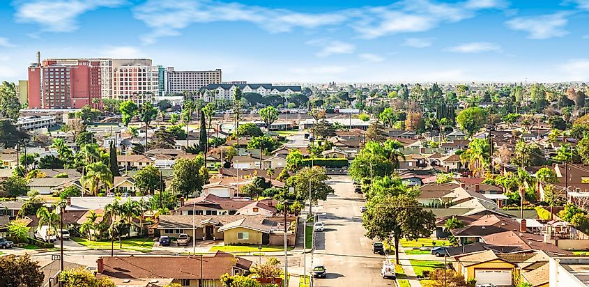 Panoramic view of a neighborhood in Anaheim, Orange County, California