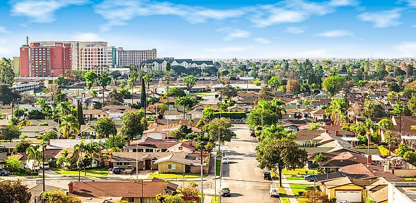 Panoramic view of a neighborhood in Anaheim, Orange County, California.