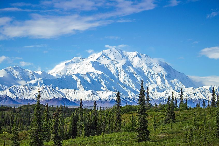 The upper slopes and summit of Mount Denali against a clear Alaskan sky.