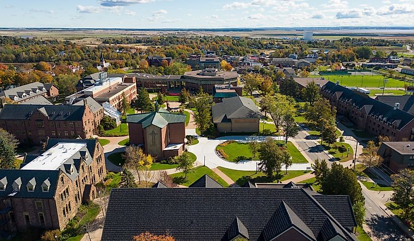 A drone aerial shot of Sackville, New Brunswick, overlooking the Mount Allison University